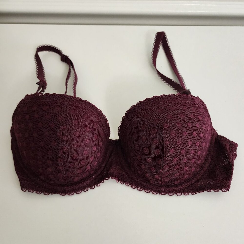 PINK Victoria's Secret Push Up Balconette Bra | 32 D | Maroon Polka Dot Sheer